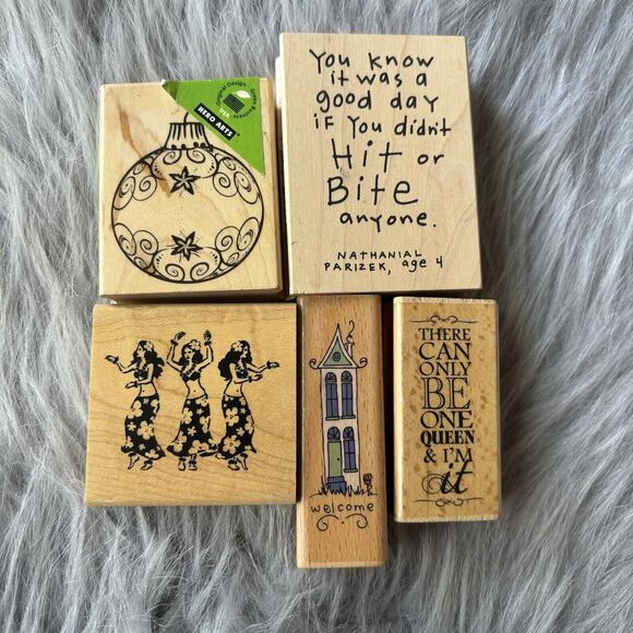 Lot Of 5 Wood Rubber Stamps Hula Friendship Welcome Queen Ornament Scrapbooking - Picture 1 of 4